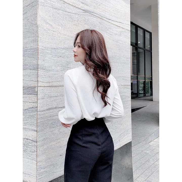 Áo sơ mi trắng dài tay, thiết kế xoắn ngực- Kirasfashion (AM 10)