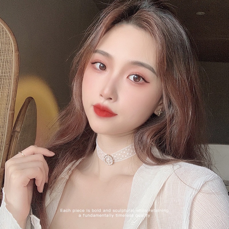 Vòng Cổ Choker Dây Ren Trắng Đính Ngọc Trai Phong Cách Hàn Quốc