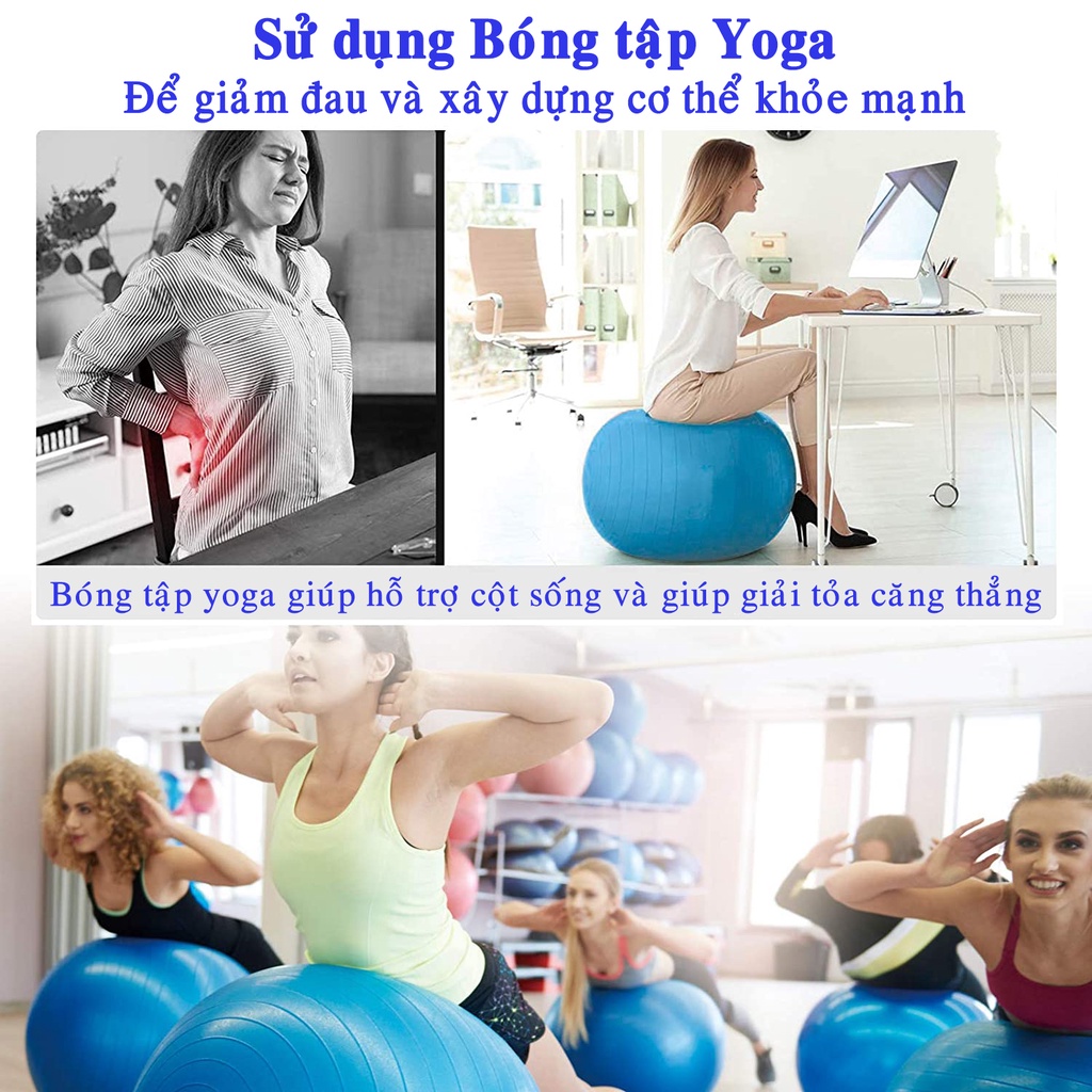 Bóng Tập Yoga Cỡ Đại 65Cm Cao Cấp Chống Nổ (Dày 2mm) Chống Trượt, Bền, Chắc, Đàn Hồi Tốt - Kèm Bơm, Van Kim Giữ Hơi Bóng