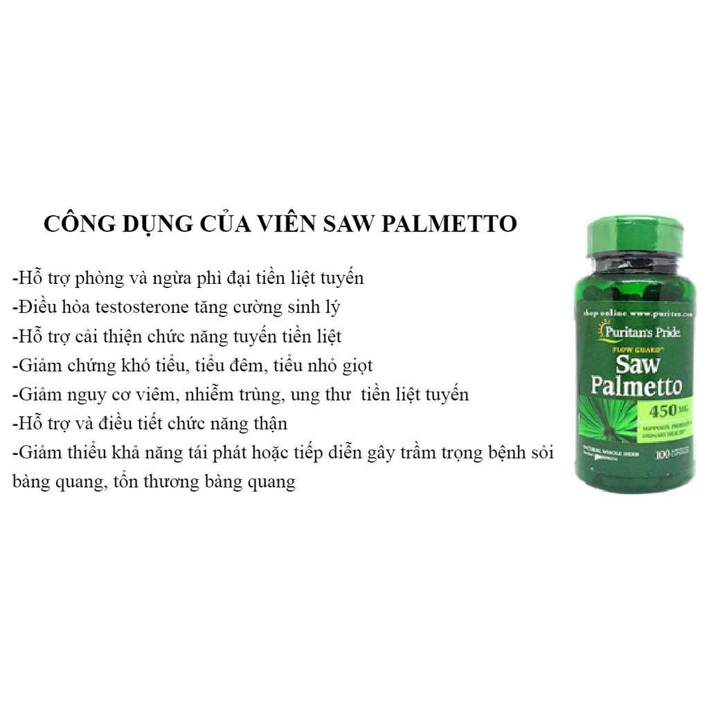 Hỗ trợ đường tiết niệu và tuyến tiền liệt Saw Palmetto 450 mg  chai 100 viên Puritan’s Pride từ mỹ