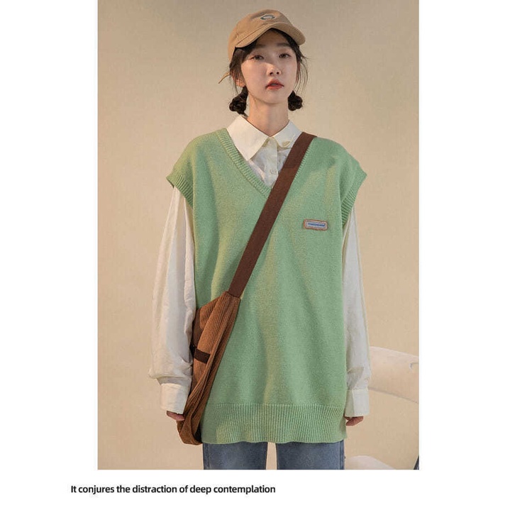 Bộ áo sweater không tay và áo sơ mi tay dài phối màu nhã nhặn cho nữ