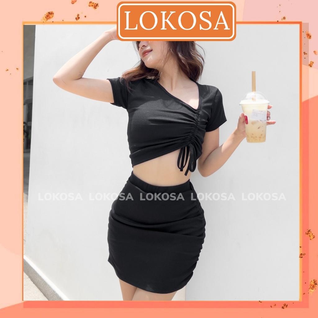Set Croptop LOKOSA Bộ 2 Món Áo Croptop Nữ Tay Ngắn Rút Dây Chân Váy Chữ A Nhún Ôm Ngắn Body VD084 | BigBuy360 - bigbuy360.vn
