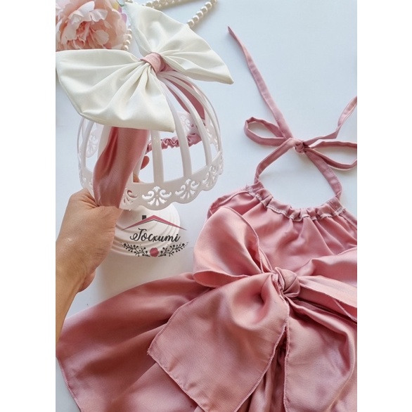 Set bộ yếm lụa nơ lưng hồng cao cấp siêu cưng - Tocxumi