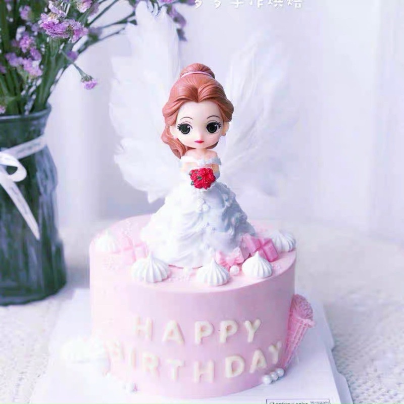 Mô hình cô dâu váy trắng, hồng trang trí bánh kem, topper, bella