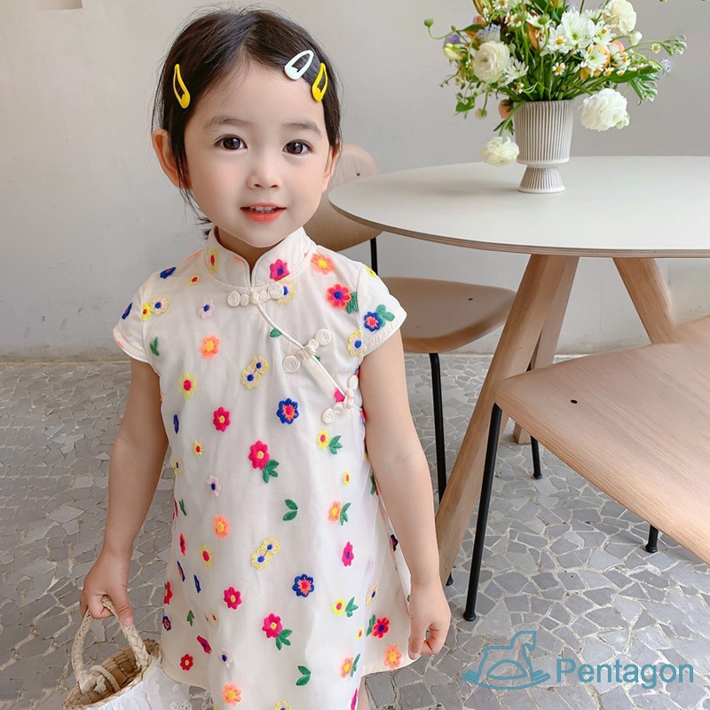 Đầm Công Chúa Sườn Xám Phối Lưới Nhiều Màu Dễ Thương Phong Cách Trung Hoa Cho Bé Gái