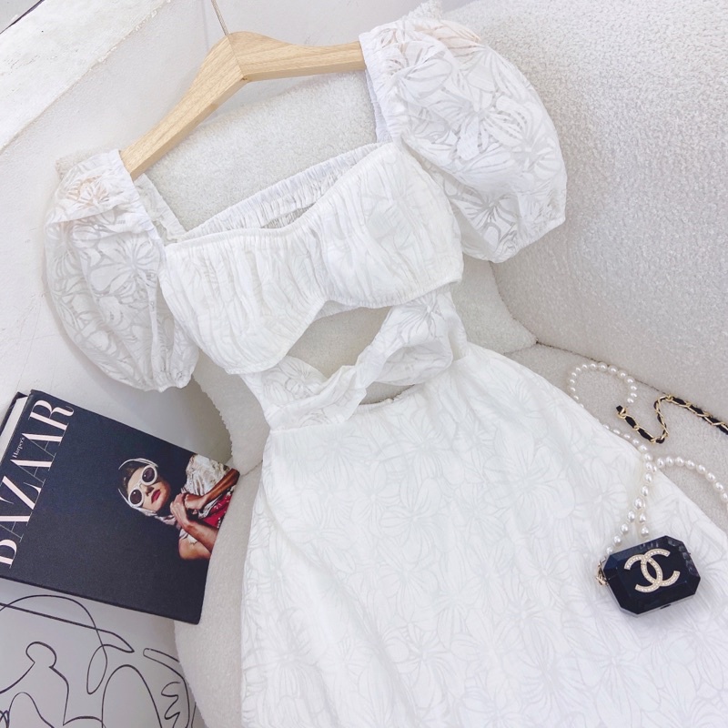 ĐẦM GẤM HOA NỔI  CUTOUT CHÉO DÂY  BỤNG