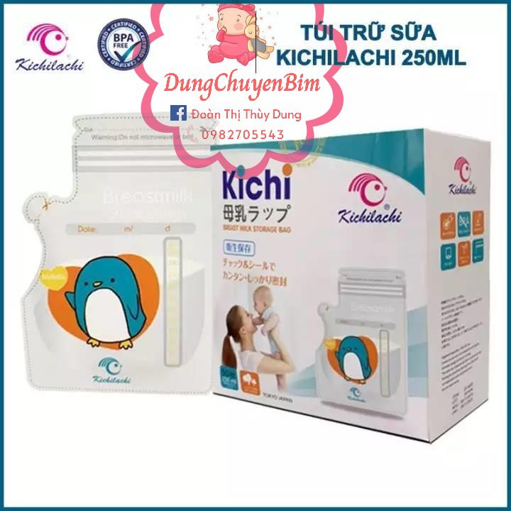 Túi trữ sữa Kichilachi 250ml, Túi đựng sữa mẹ an toàn cho bé, 2 khóa Ziper, Có vòi rót