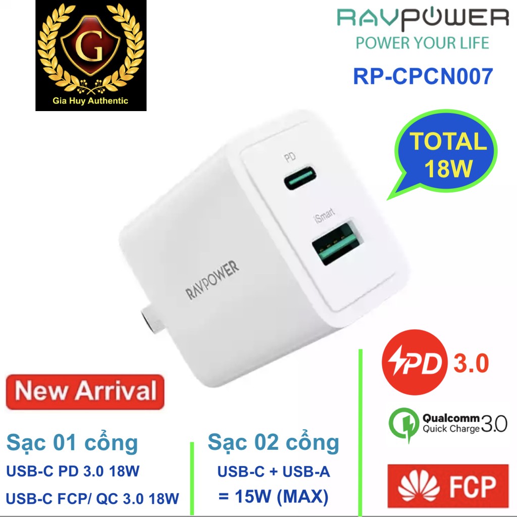 Củ sạc nhanh iPhone, iPad Pro Note 9, S8 RAVPOWER RP-CPCN007 PD 3.0 18W &amp; QC 3.0 18W