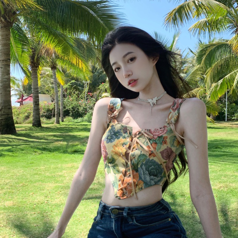 Áo Croptop Sát Nách Chất Chiffon Hoạ Tiết Hoa Thiết Kế Quyến Rũ