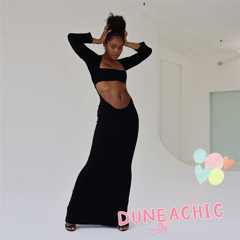 DUNEA Đầm Tay Dài Cổ Vuông Màu Trơn Thời Trang Cho Nữ