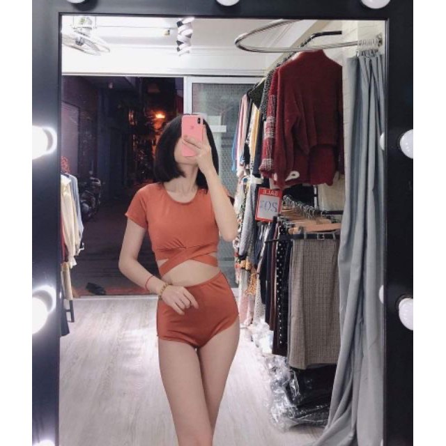 BIkini Tay Con Quần Cạp Cao Nâu Đất, Đồ Bikini 2 Mảnh Hàn Quốc
