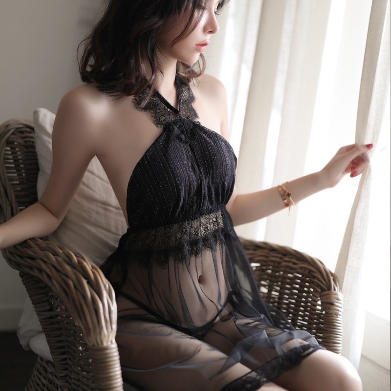 Tặng kèm chip - Váy ngủ ren xuyên thấu hở lưng sexy cổ yếm