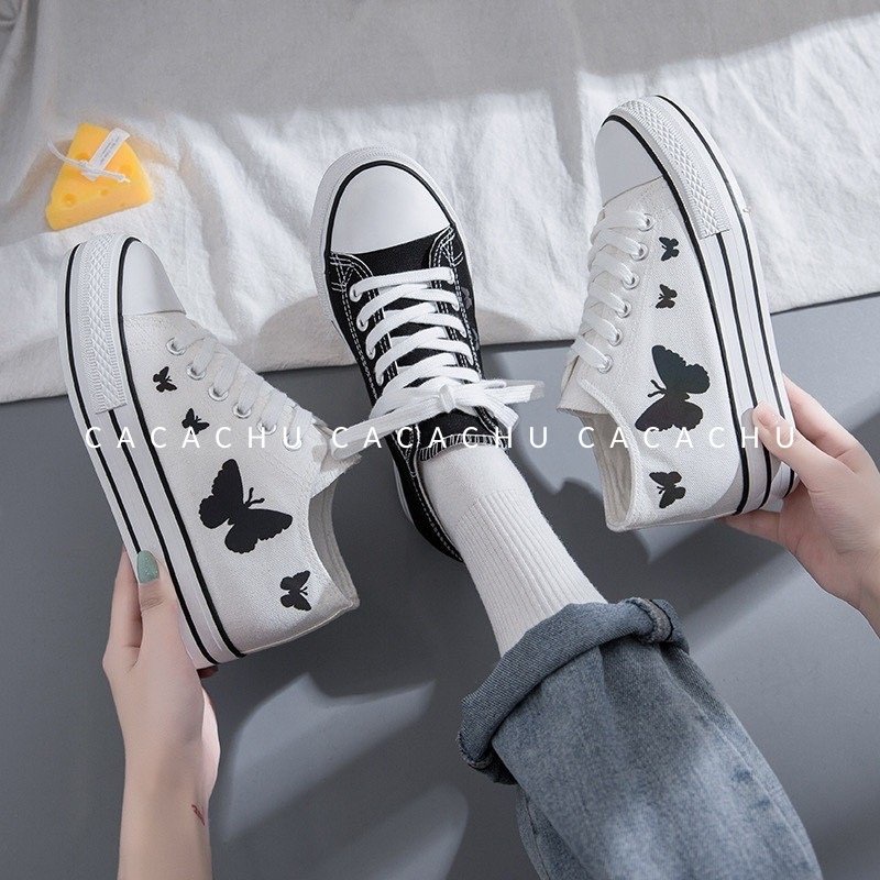 Giày thể thao nữ sneaker Cv đẹp độn đế in hình butterfly phản quang hot trend 2021 CACACHU G010, đế cao 5cm thời trang
