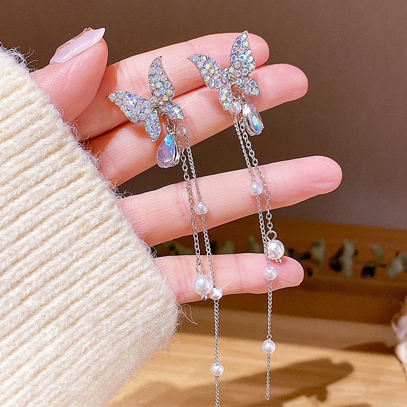 Khuyên Tai Dáng Dài Đính Đá Phối Tua Rua Hình Bướm Dễ Thương Phong Cách Hàn Quốc