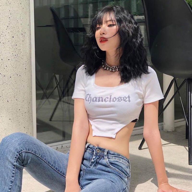 áo croptop khoét eo CATHANG8 tay ngắn đính đá sang chảnh