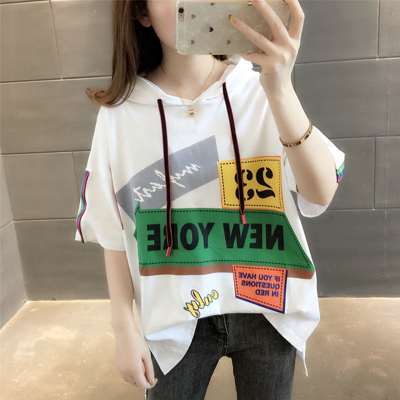 Áo Hoodie Tay Ngắn Dáng Rộng In Họa Tiết Graffiti Màu Sắc Thời Trang Hàn Quốc Cho Nữ