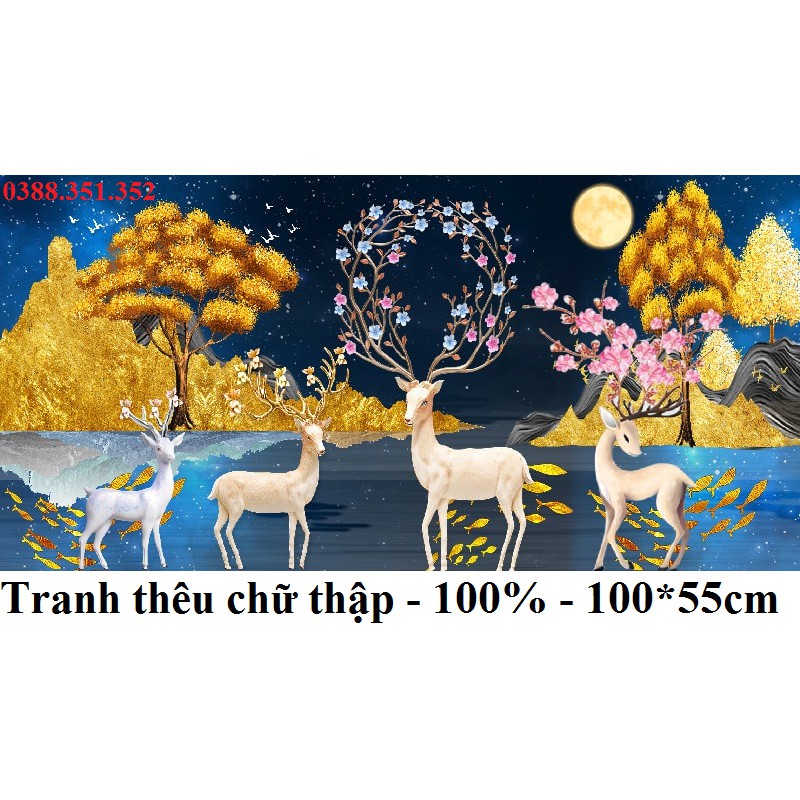 (HÀNG MỚI) Tranh thêu chữ thập hươu tài lộc thêu kín