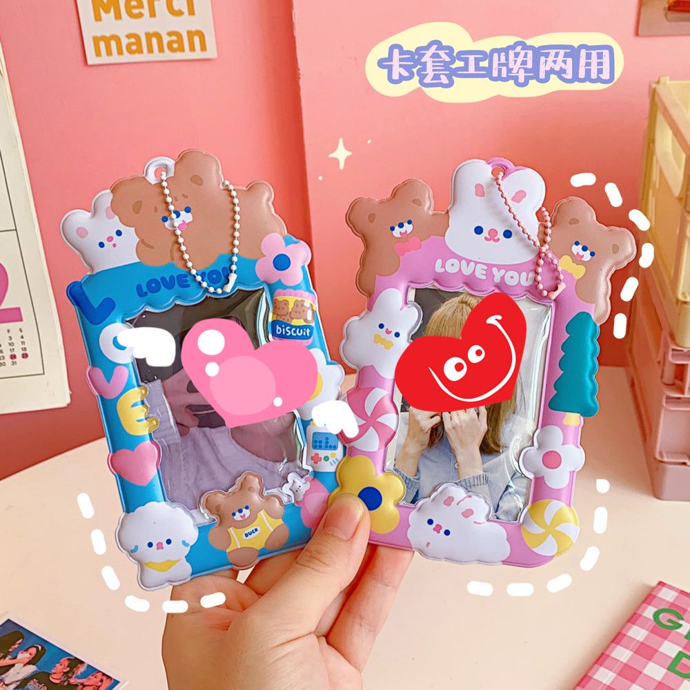 Bao đựng thẻ hình gấu thỏ hoạt hình dễ thương có dây đeo co giãn bền bỉ dành cho học sinh đi học