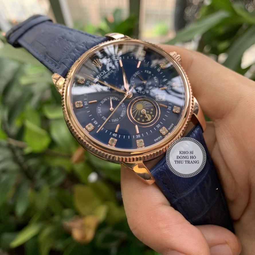 Đồng hồ Nam Rolex máy nhật, mẫu 6kim đính đá, mặt xanh viền vàng, dây da, dòng cơ Automatic size 40m