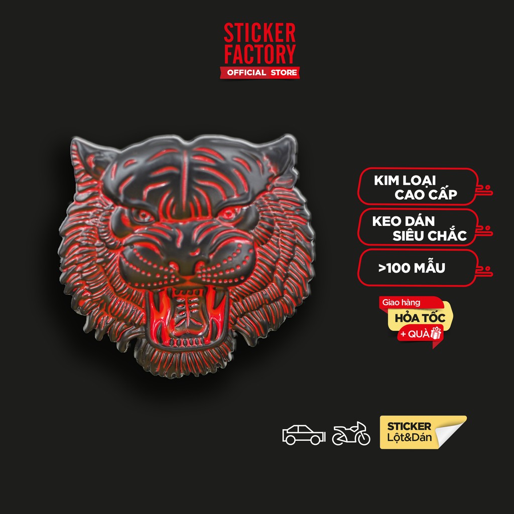 Tiger head đen đỏ - Sticker hình dán metal kim loại 3D