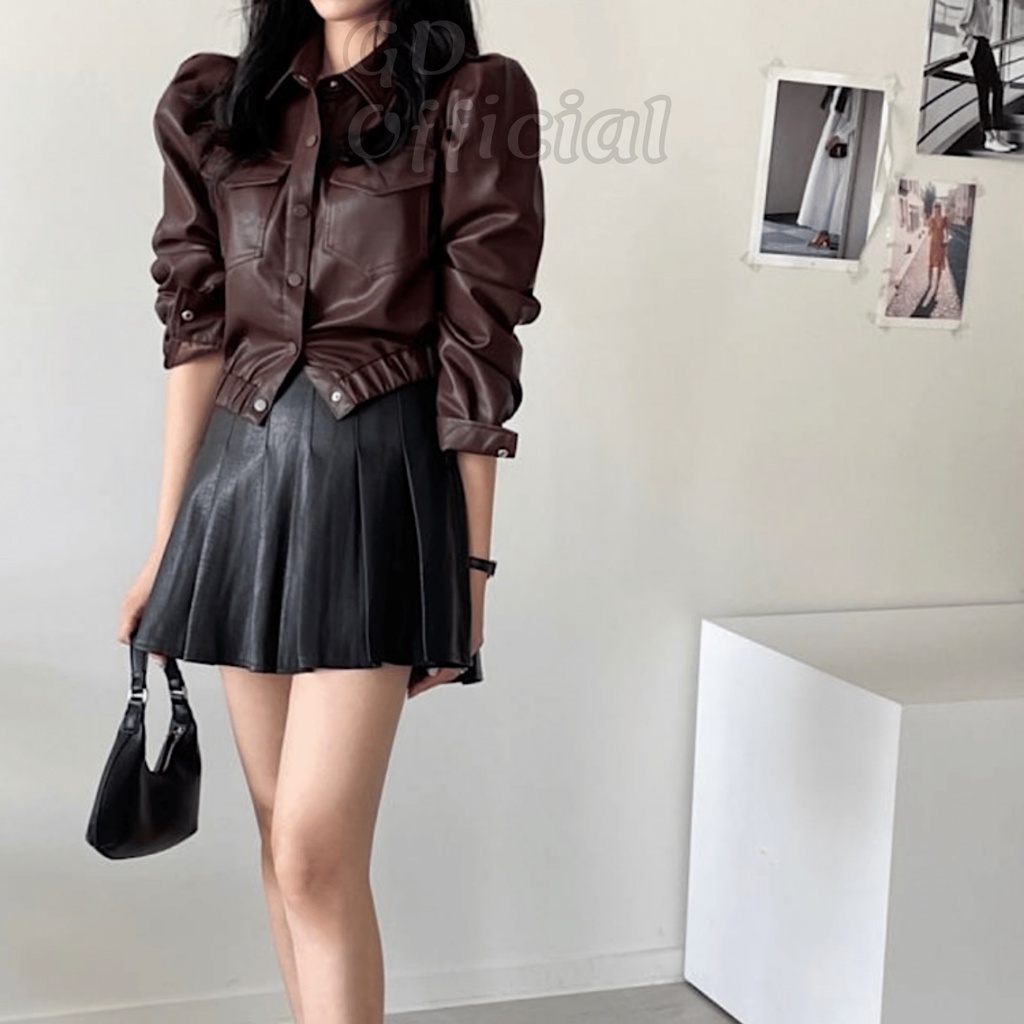 K104|Áo khoác da PU cá tính dáng ngắn croptop trẻ trung cho nữ màu đen, nâu GD Official