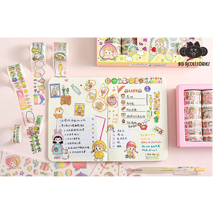 Hộp Sticker Cute, Washi Tape Sticker Cô Gái kute Set 10 Washi tape 10 Stickers Trang Trí Sổ Tay