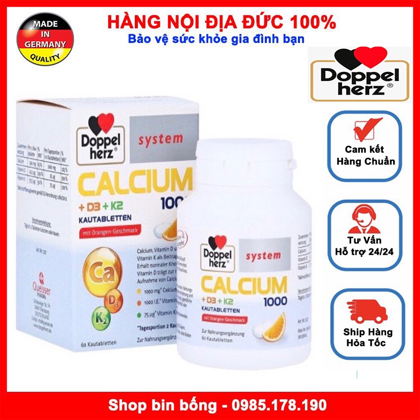 Calcium 1000+ D3+K2 ( viên nhai vị cam) Đức