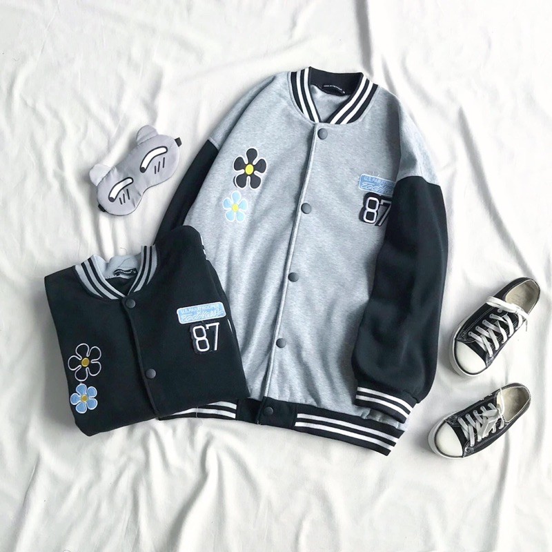 Áo Khoác Bomber Nỉ Bông Nút Bấm Hoa Cúc Ảnh Thật