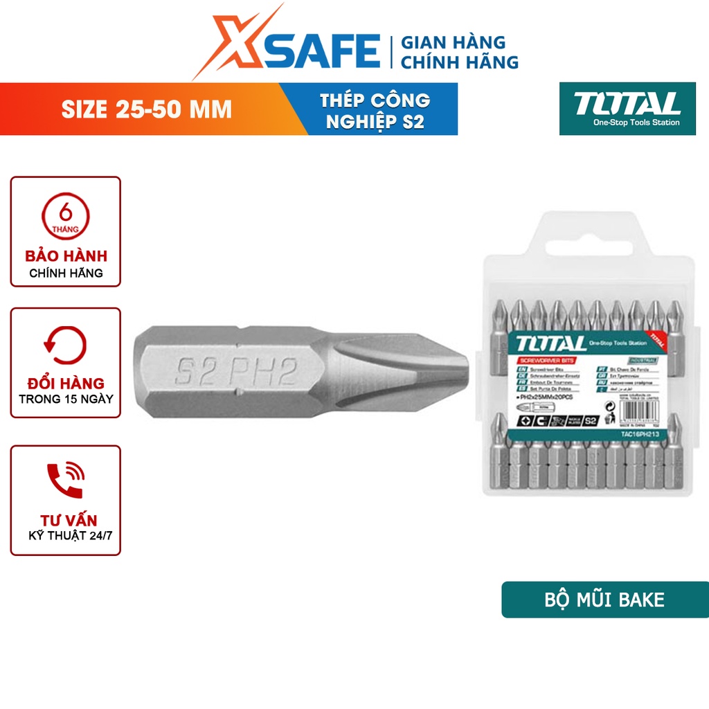 Bộ mũi bắt vít TOTAL Bộ mũi vặn vít chất liệu thép không gỉ công nghệp S2, size PH2, 25-50mm