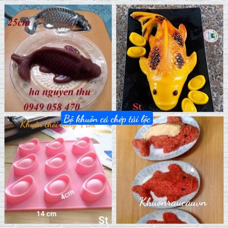 Bộ khuôn cá chép tài lộc gồm 1 khuôn cá chép nhôm to 20 cm hoặc 25 cm và 1 khuôn silicon thỏi vàng