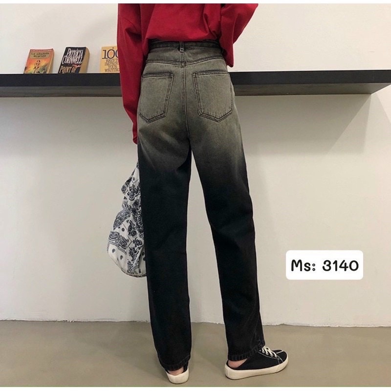 Quần jeans ống rộng lưng cao loang màu xám đen, ảnh thật