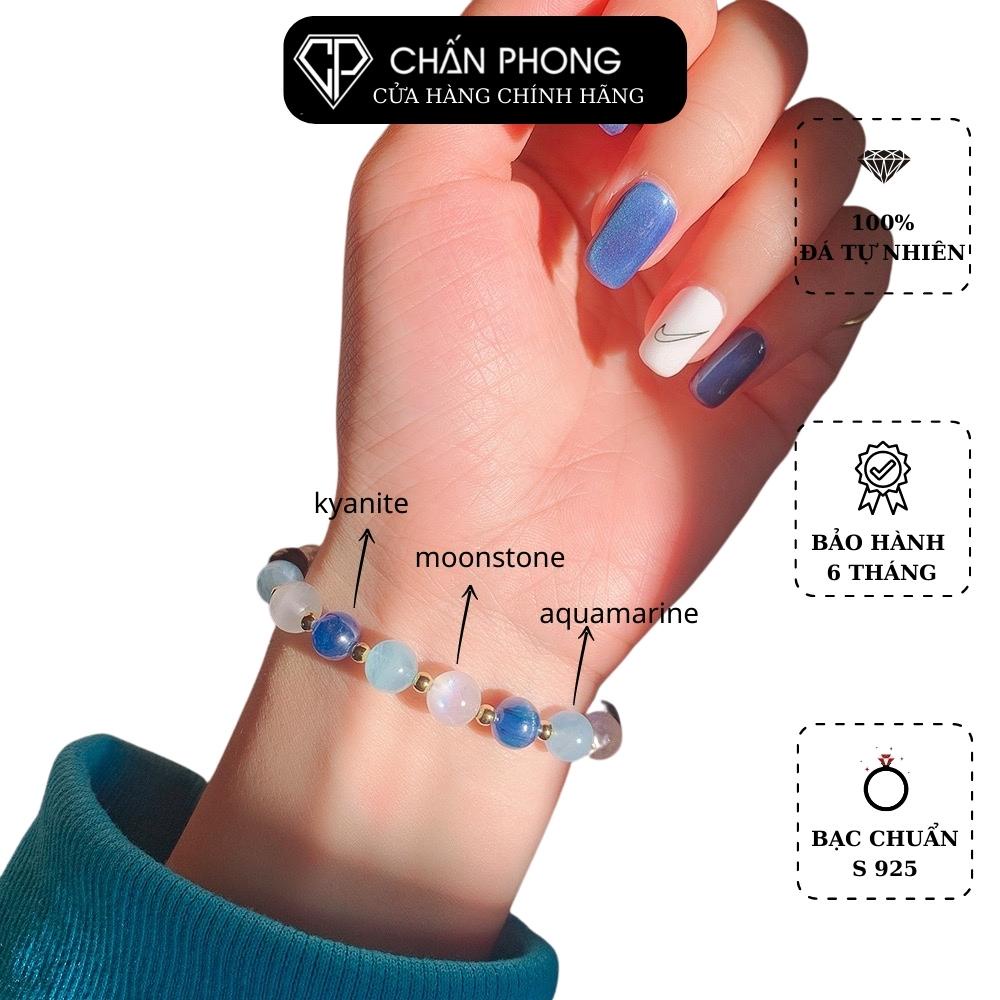 Vòng tay đá mặt trăng mix Aquamarine, Kyanite bi bạc cho nữ mệnh Thủy-Chấn Phong