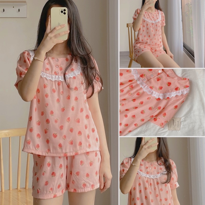 Đồ mặc nhà hồng dâu chất cotton lạnh