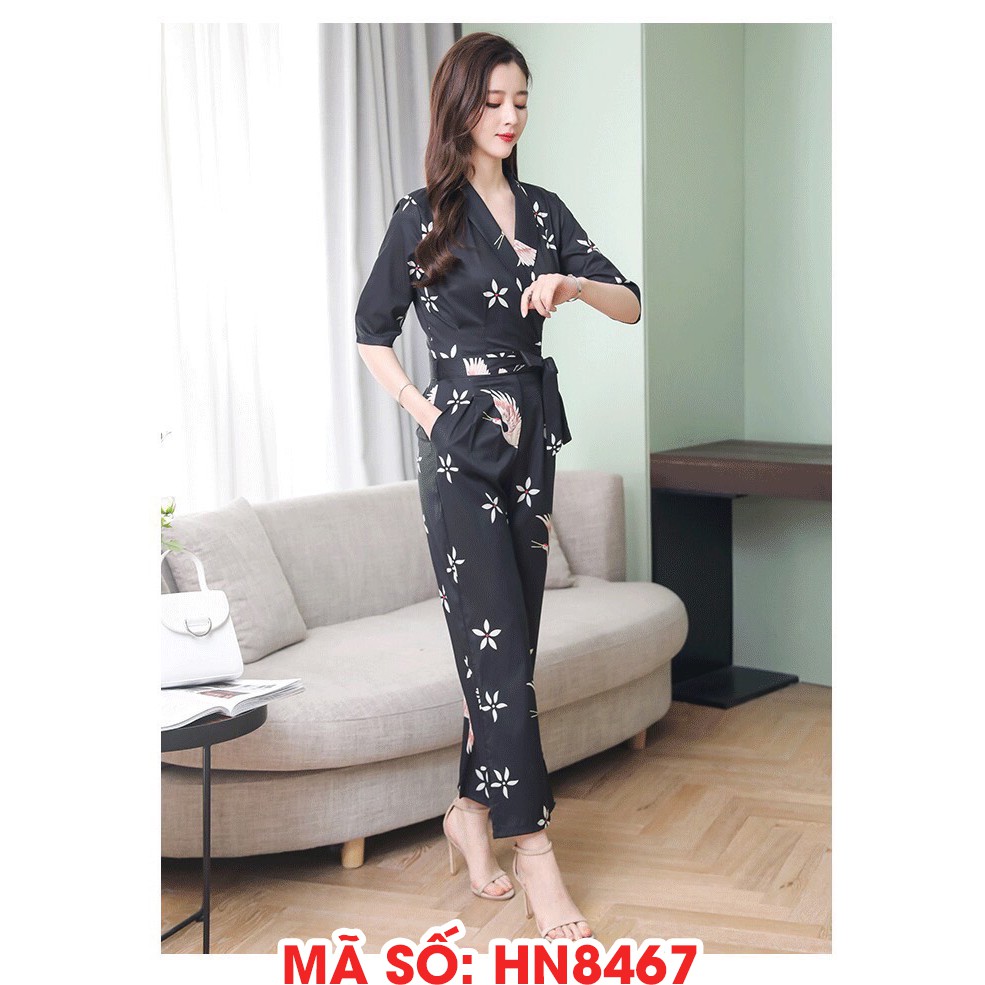 ⚡️ có đủ size ⚡️#HN8467 JUMPSUIT ĐỒ BAY ỐNG SUÔNG CỔ ĐẮP CHÉO CỘT EO HỌA TIẾT CHIM HẠT SANG TRỌNG - HÀNG NHẬP