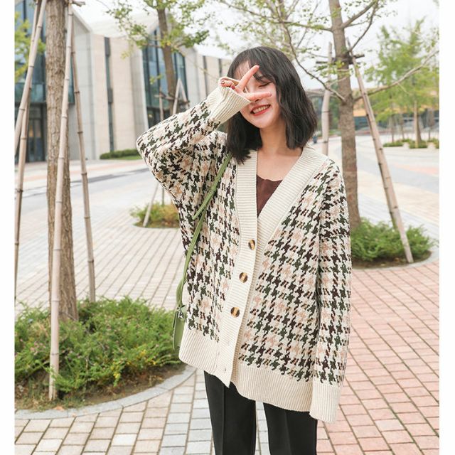 Áo khoác cardigan caro houndstooth màu sắc trang nhã trẻ trung hound stooth