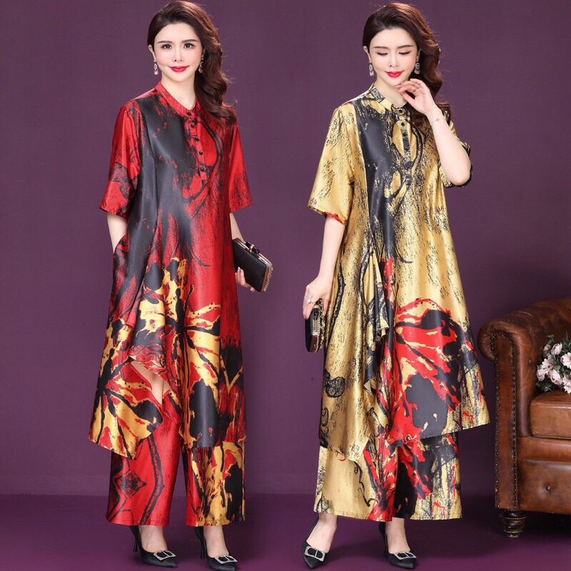 Set lụa quần ống rộng hàng nhập có túi