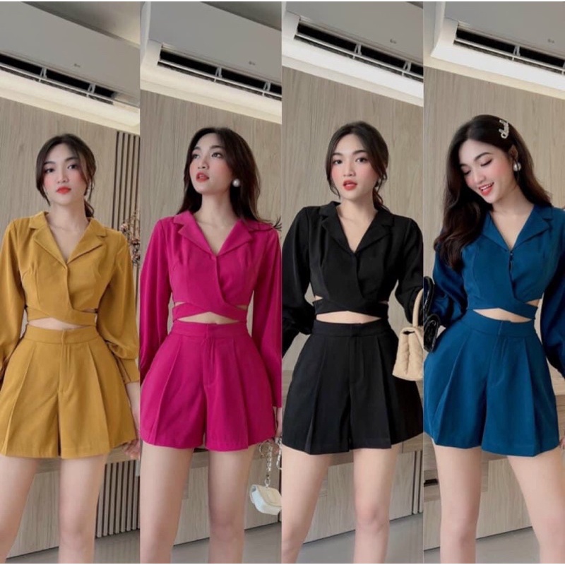 Set vest croptop đan eo chéo siêu xinh kèm ảnh thật