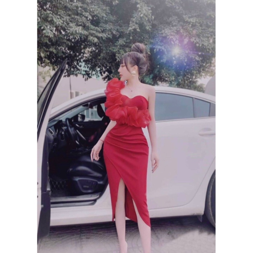 Đầm váy nữ lệch vai phối voan kiếng, dáng body, xẻ tà sexy quyến rũ thời trang nữ cho quý cô dự tiệc sang chảnh