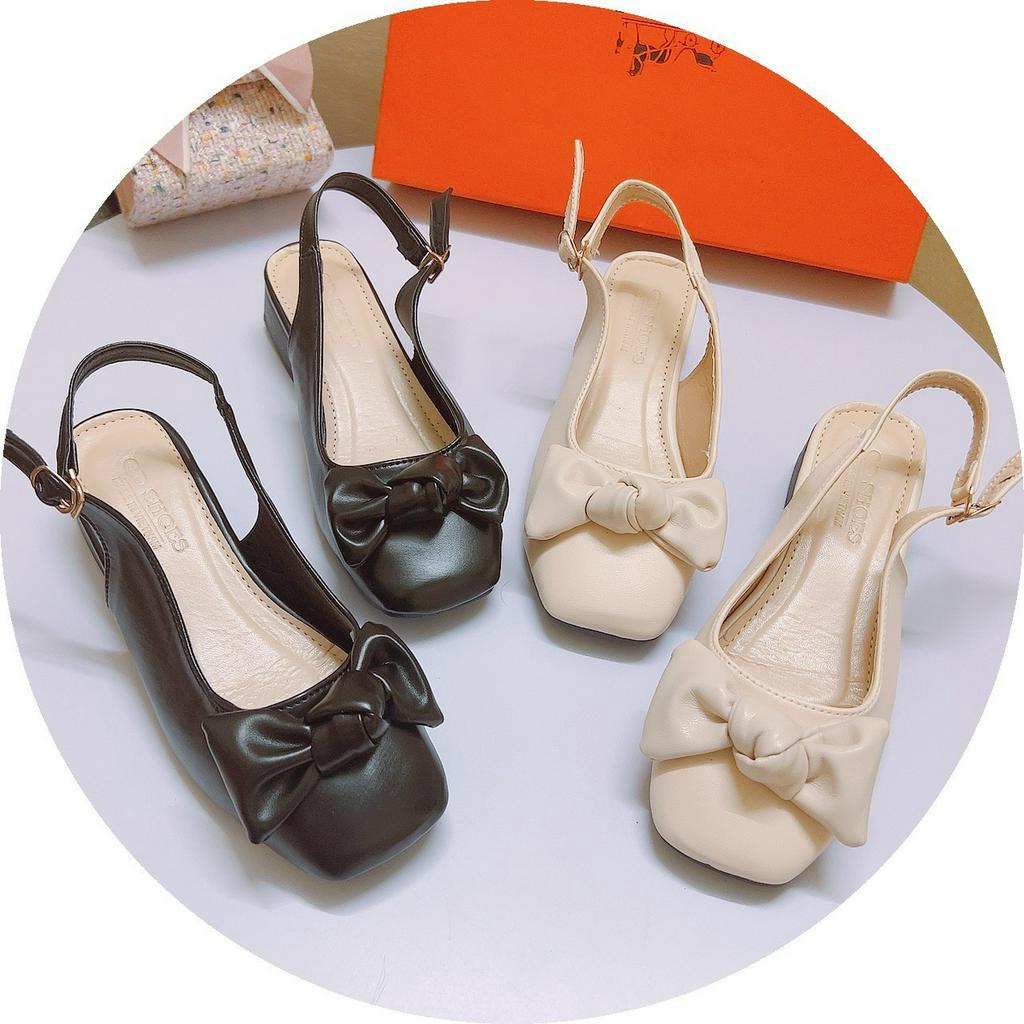 Dép sandal nơ mũi vuông nơ ấu gót vuông 4cm da lì