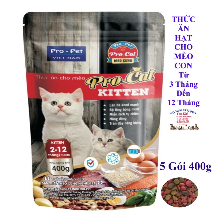 5 Gói Thức ăn hạt cho Mèo con PRO-CAT KITTEN Gói 400g Xuất xứ Pro-Pet Việt Nam Bổ sung dinh dưỡng hoàn chỉnh cho Mèo