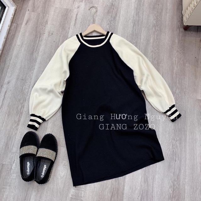 Váy suông nữ dài tay phối tay be bo viền chất umi