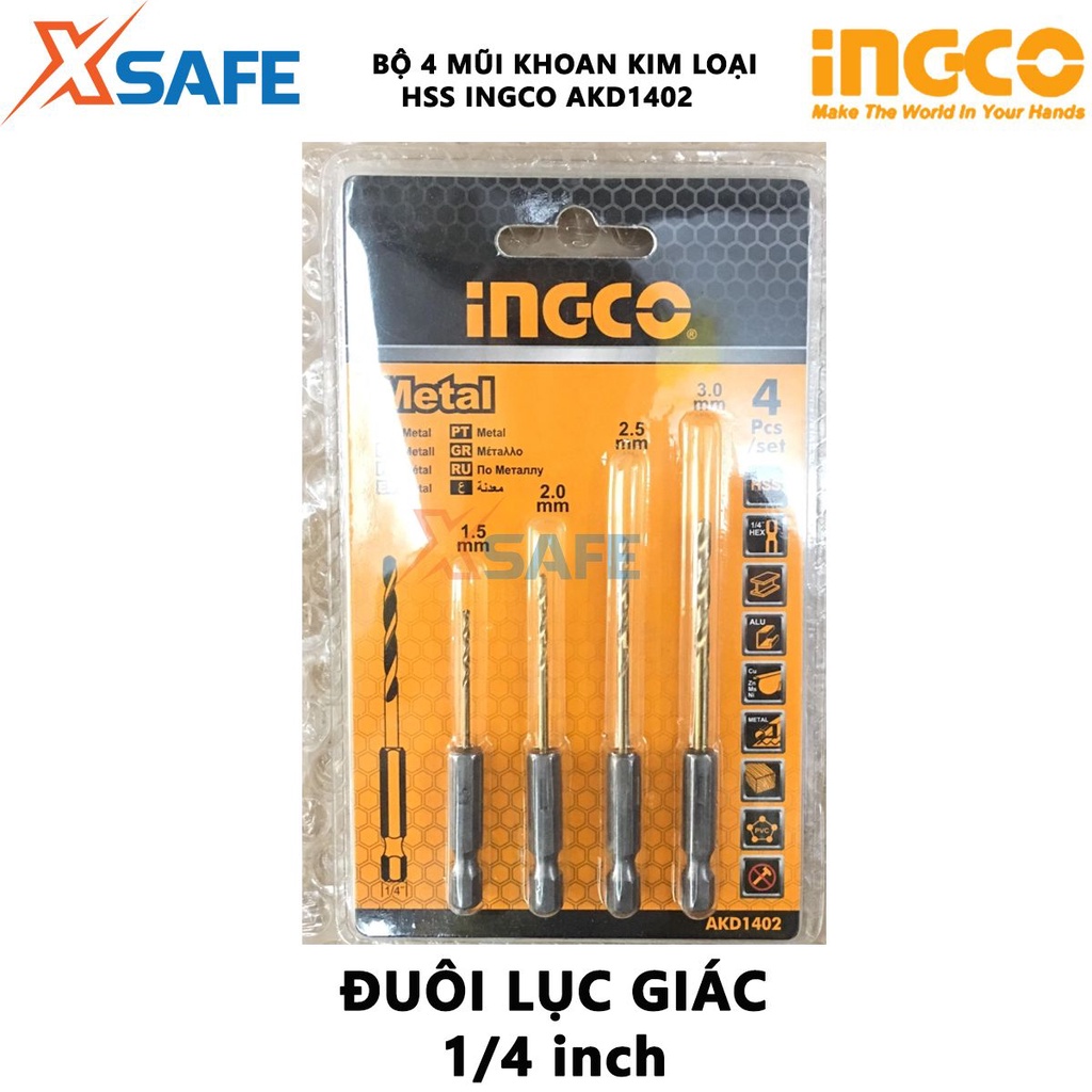 Bộ 4 mũi khoan kim loại HSS INGCO AKD1402 đuôi lục giác 1/4 inch, thép M2 HSS chất lượng, làm bóng mũi bằng Tianium