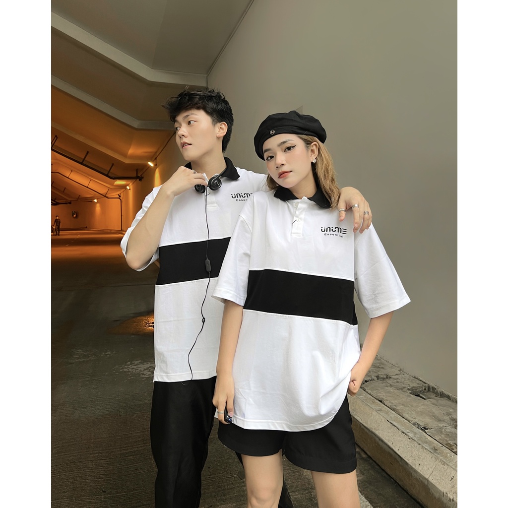 Áo polo trắng phối thân đen nam/nữ vải thun cá sấu 100% cotton