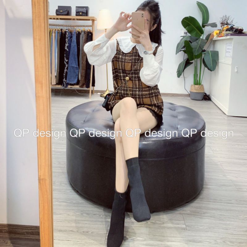 Áo sơ mi cổ bèo phối dạ caro nâu xinh xắn.Áo kiểu nữ ấm áp,đẹp.