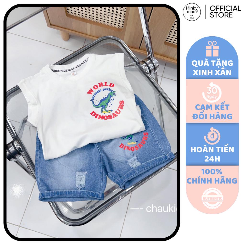 [SALE] Đồ Bộ Cho Bé Trai Áo Cotton Quần Jeans In Khủng Long, Bộ Quần Áo Cộc Tay Hến Hàn Quốc Cho Bé Mặc Hè CK341
