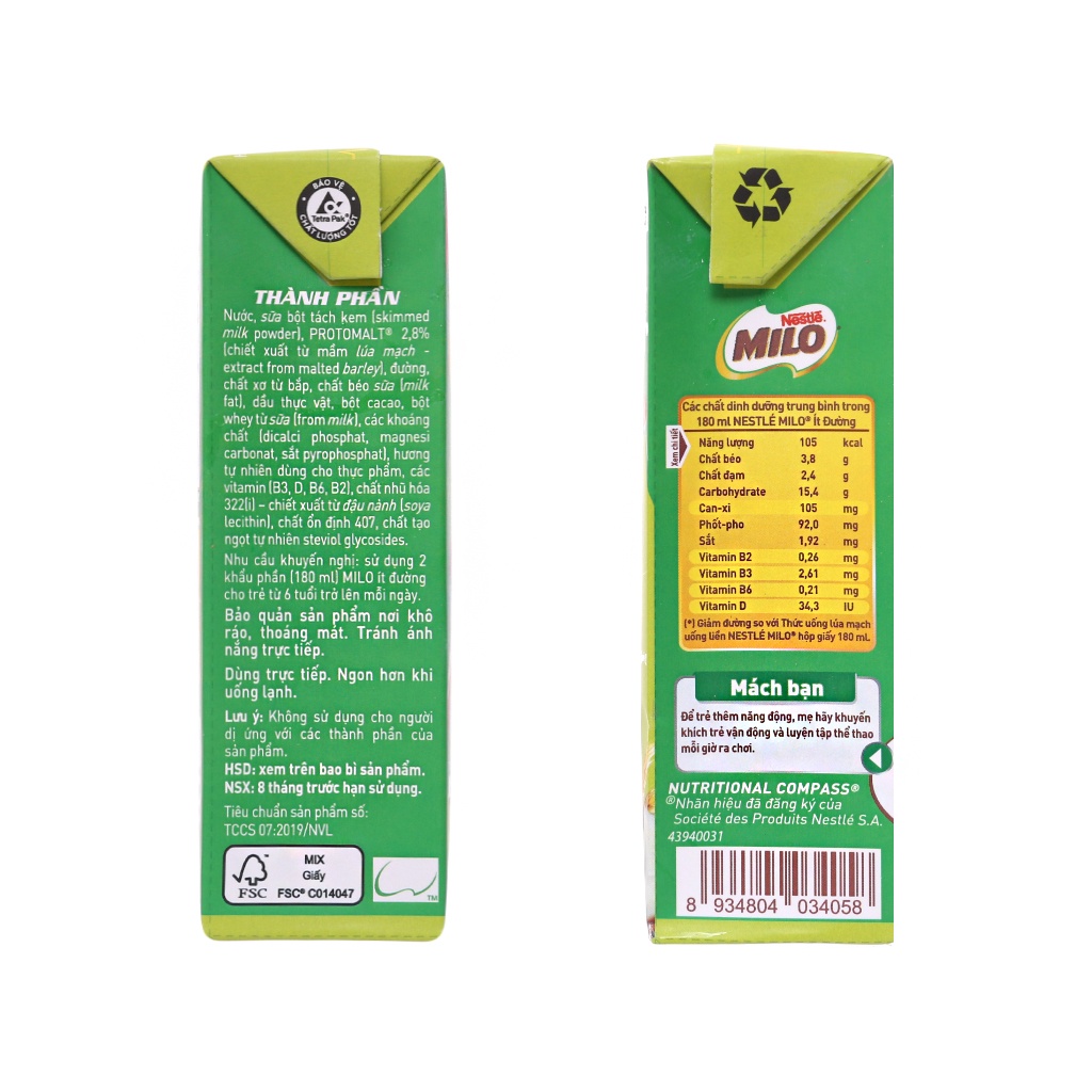 Thùng 48 hộp Nestle Sữa Milo nước 180ml (có đường, ít đường)
