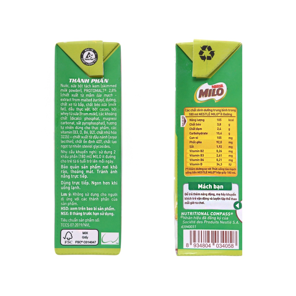 Lốc 4 hộp Thức uống lúa mạch uống liền Nestle Milo 180ml