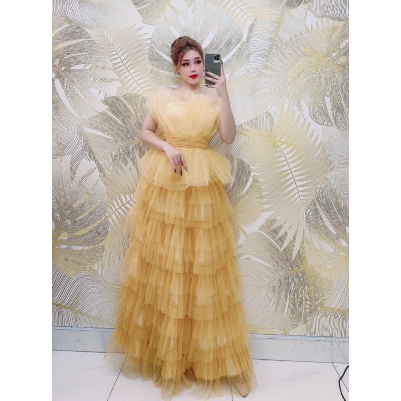 đầm cúp tầng dúm siêu phồng