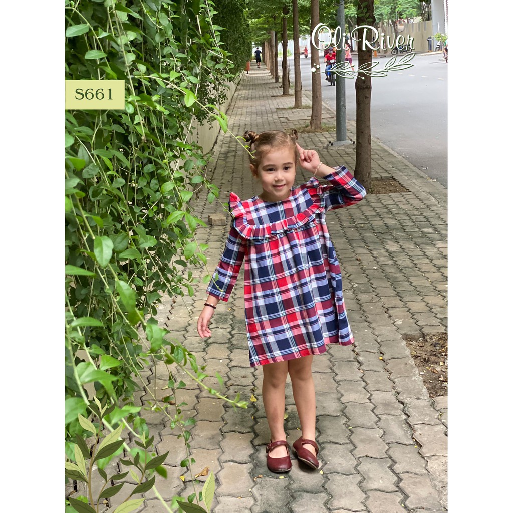 ĐẦM BÉ GÁI TAY DÀI HỌA TIẾT CARO OLIRIVER 7489