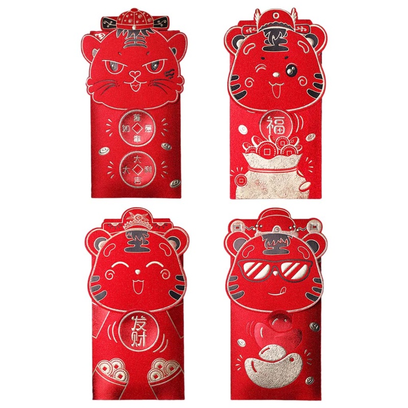 Set 4 bao lì xì màu đỏ họa tiết hổ hoạt hình đem lại may mắn cho lễ hội mùa xuân phong cách Trung Quốc